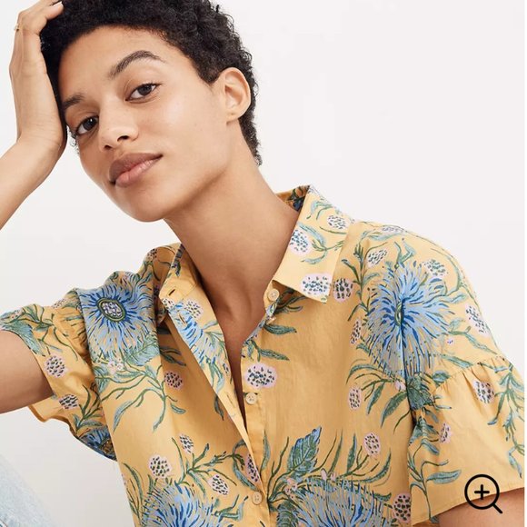 Ruffle-Sleeve Button-Down Shirt in Painted Blooms - Picture 4 of 4